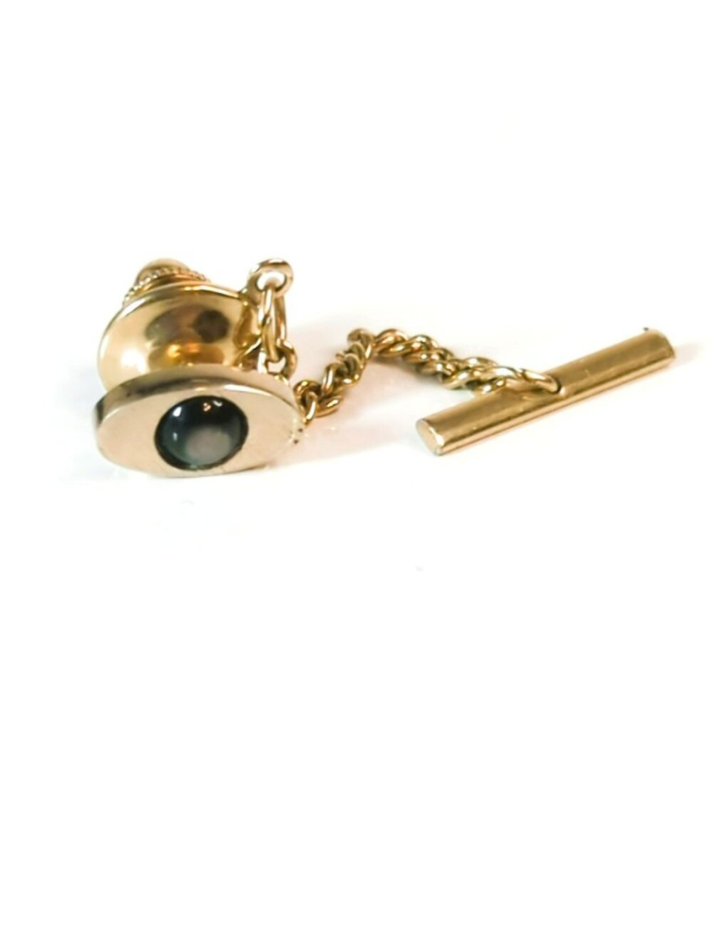 Vintage Gold Tone Tie Tack Black Abalone Cabochon Iridescent Accent Chain